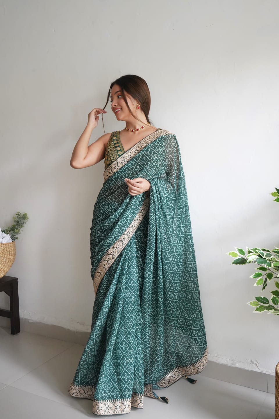 Bandhani Print Green Color Crochet Work Saree