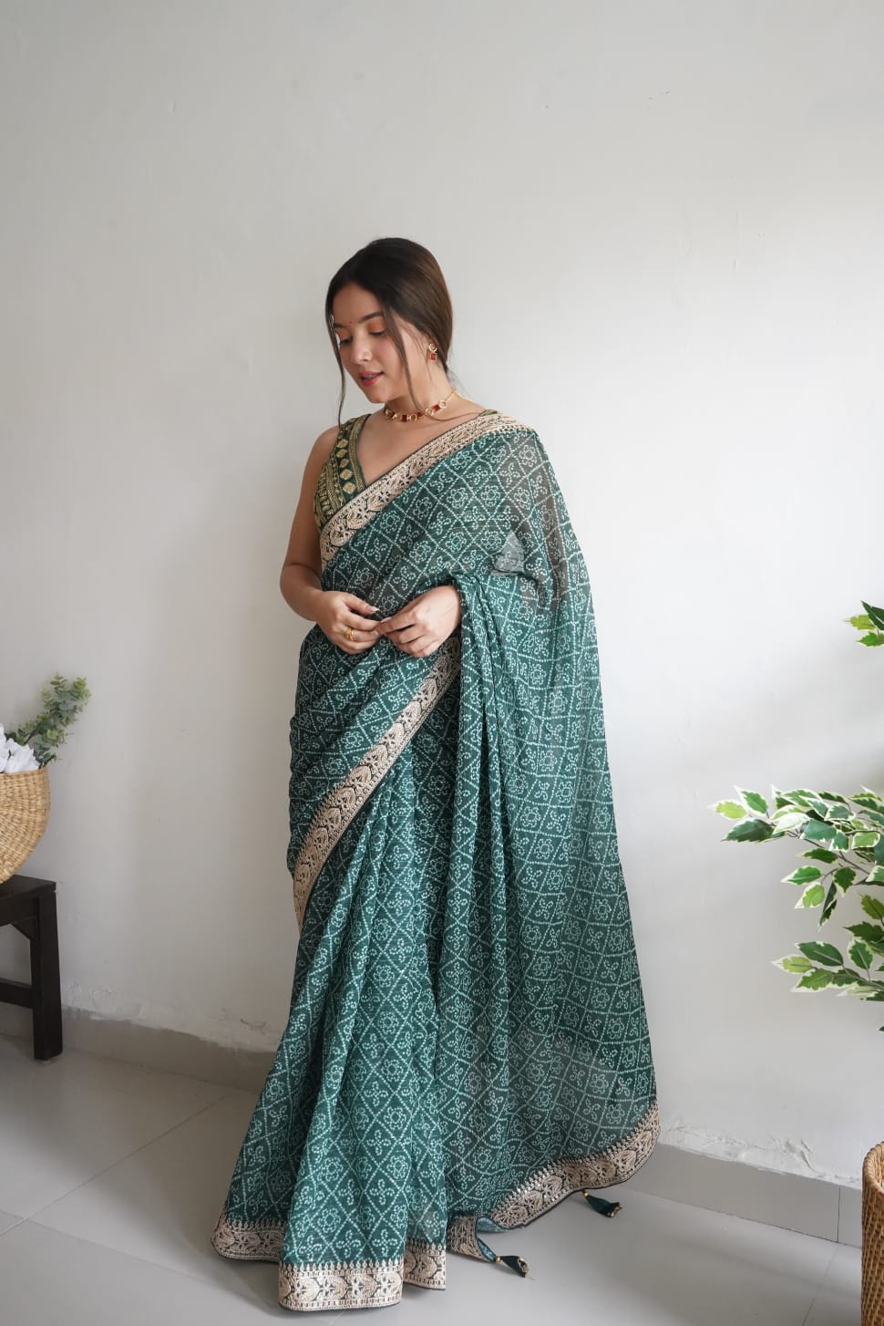 Bandhani Print Green Color Crochet Work Saree