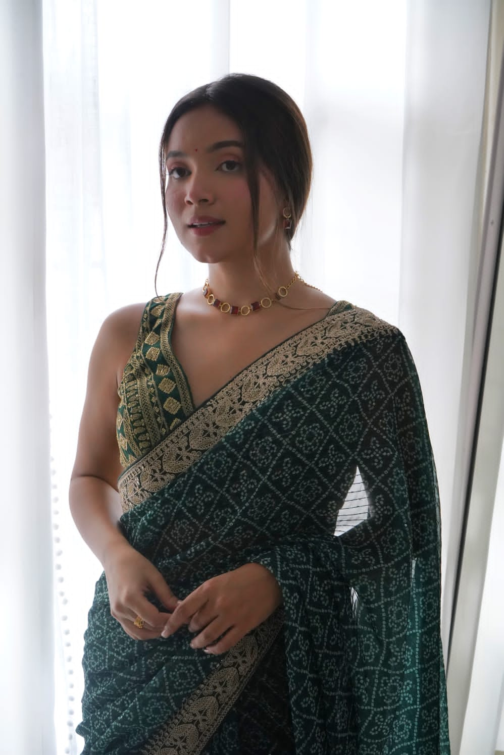 Bandhani Print Green Color Crochet Work Saree