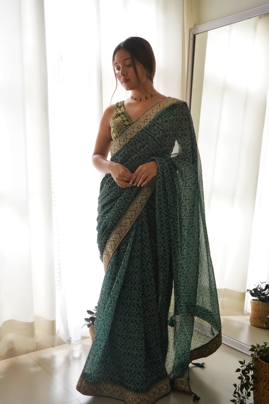 Bandhani Print Green Color Crochet Work Saree