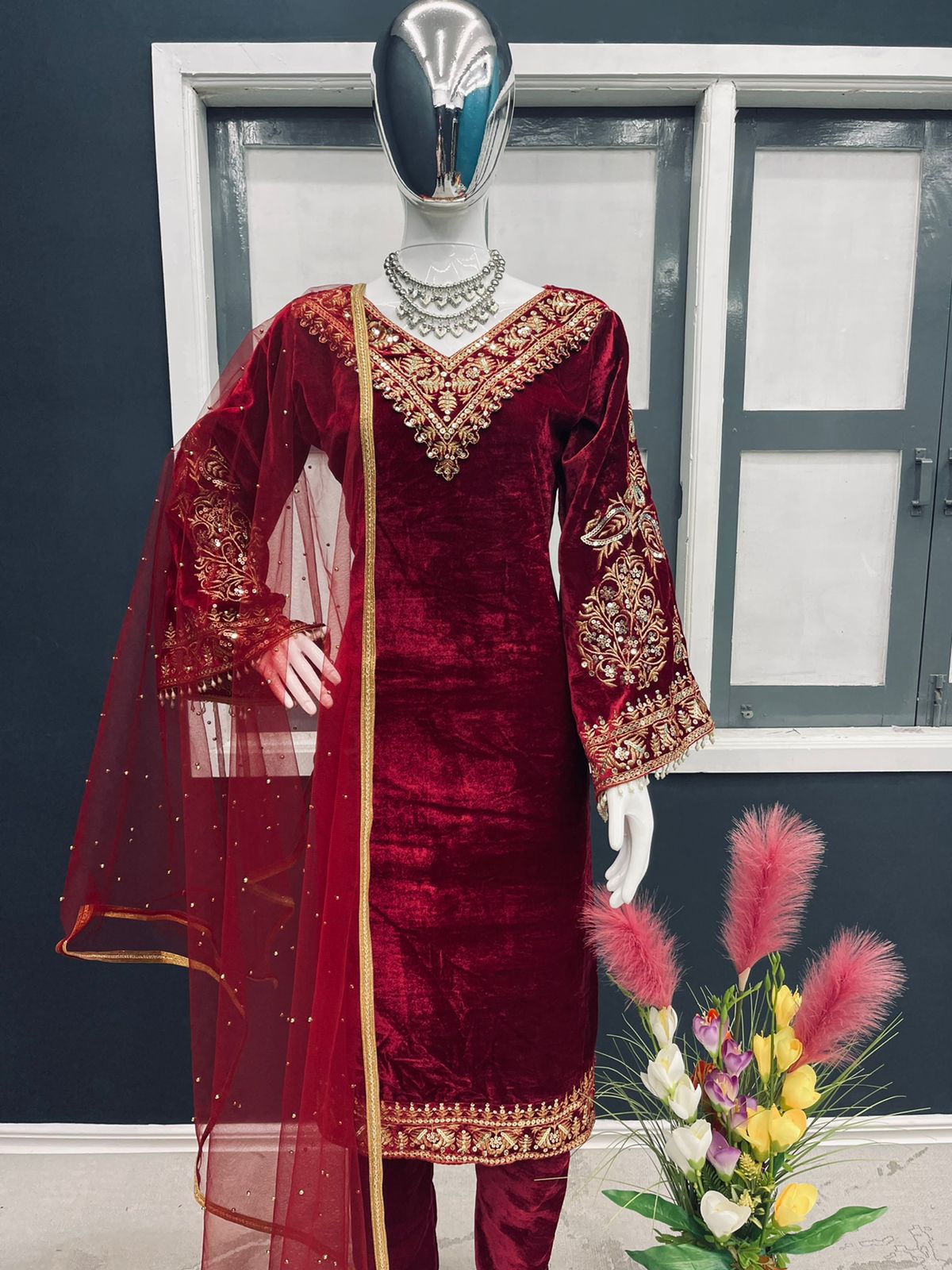 Delightful Maroon Color Viscose Velvet Salwar Suit