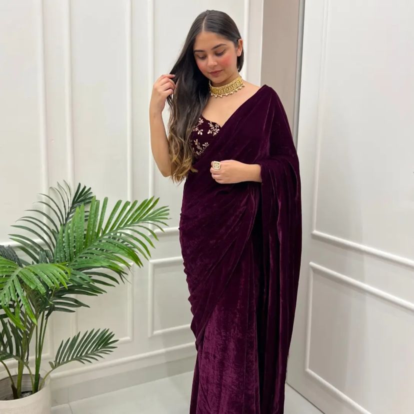 Wine Color Velvet Saree With Embroidery Work Blouse