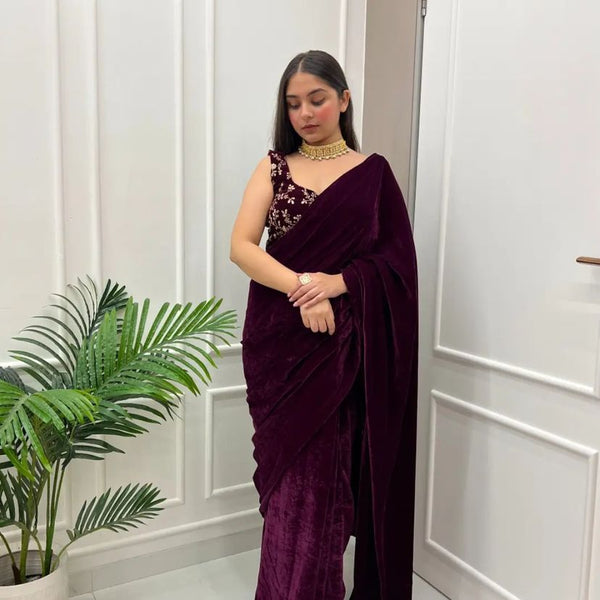 Wine Color Velvet Saree With Embroidery Work Blouse