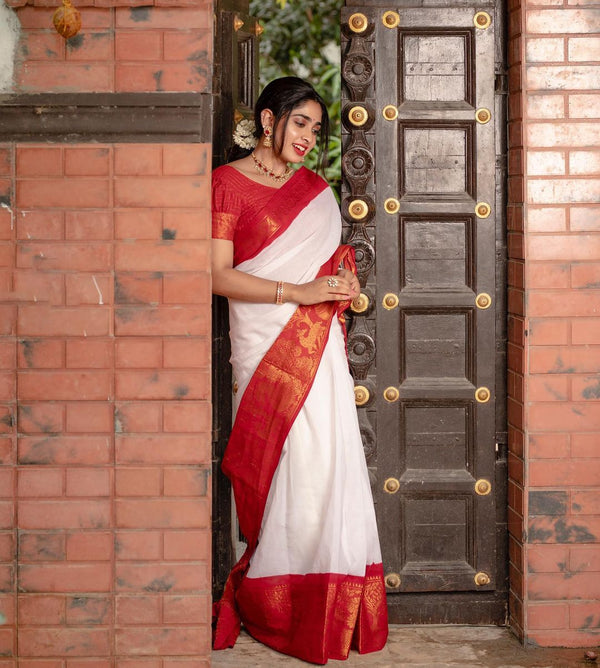 White With Red Color Golden Jari Design Soft Silk Saree