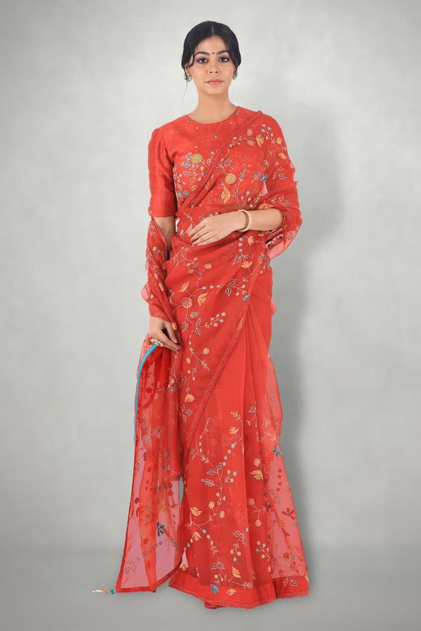 Beautiful Multi Thread Work Red Color Georgette Saree