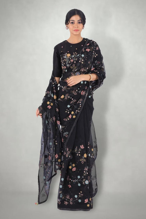 Beautiful Multi Thread Work Black Color Georgette Saree