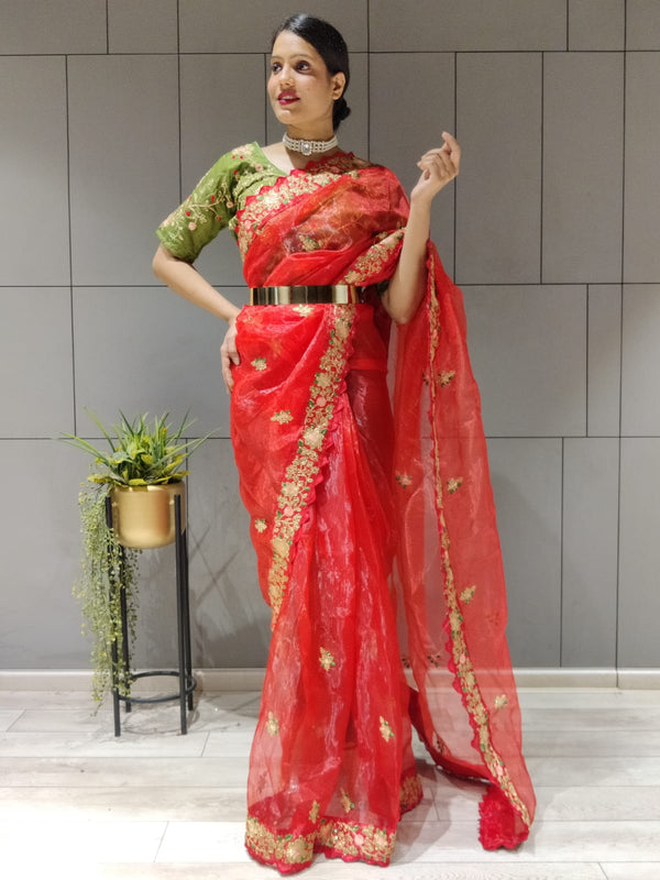 Red Color Coding & Sequins Work Ready To Wear Organza Saree