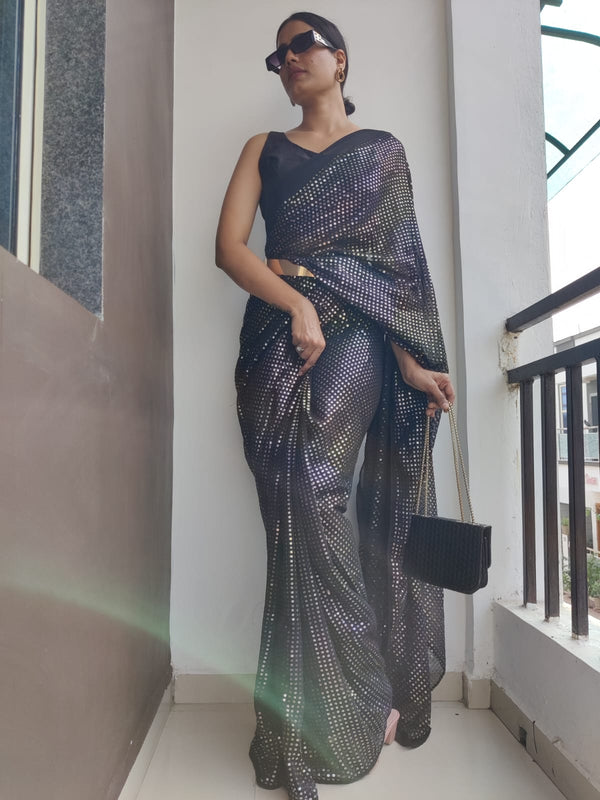 Black Color Multi Sequins Work Ready To Wear Saree