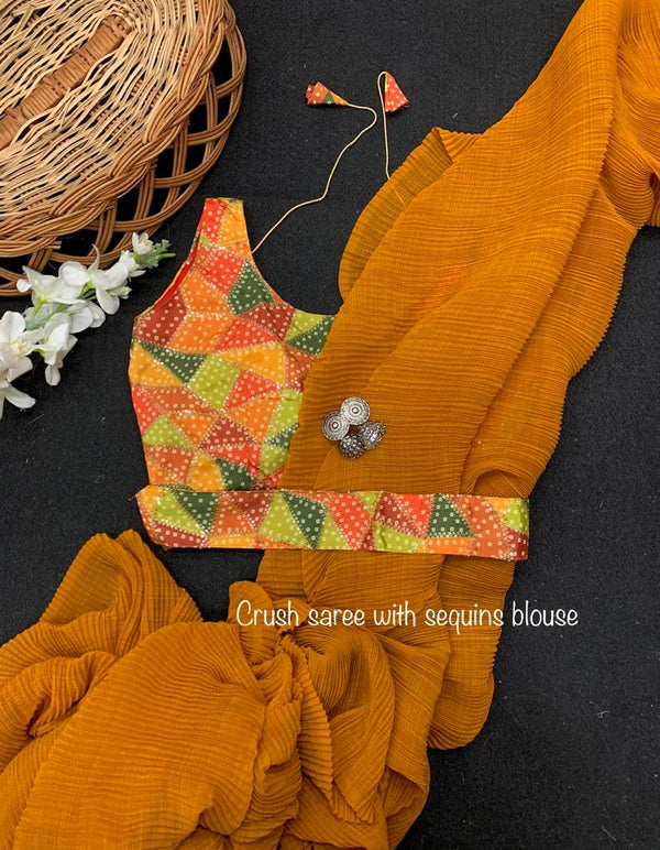 Stylish Mustard Color Pleated Saree With Multi Color Sequence Blouse