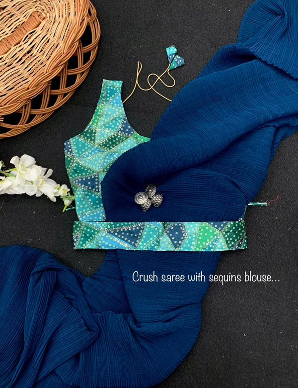 Stylish Blue Color Pleated Saree With Multi Color Sequence Blouse