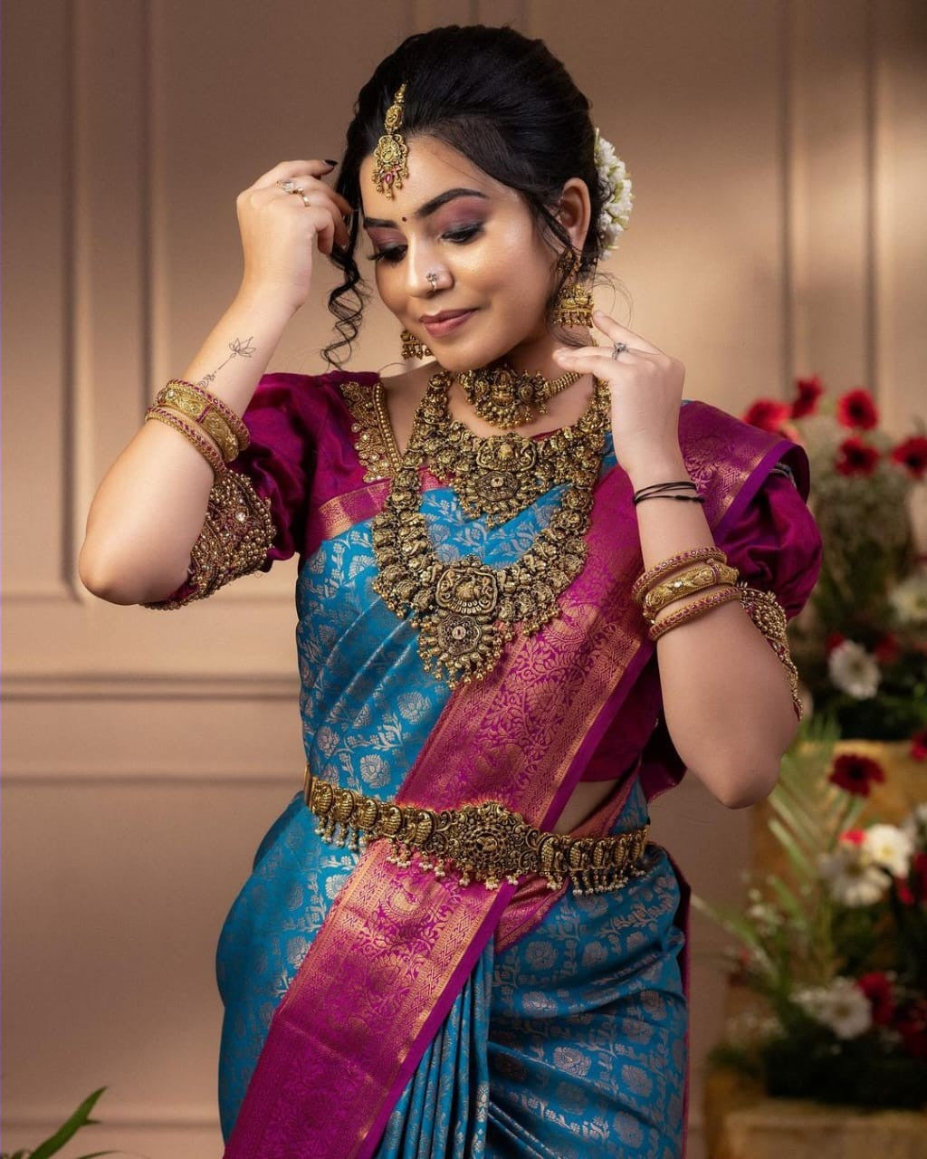 Sky Blue With Pink ColorSoft Lichi Silk Party Wear Saree
