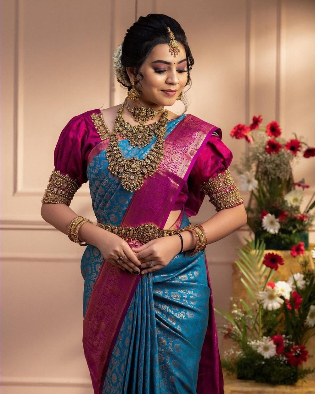 Sky Blue With Pink ColorSoft Lichi Silk Party Wear Saree