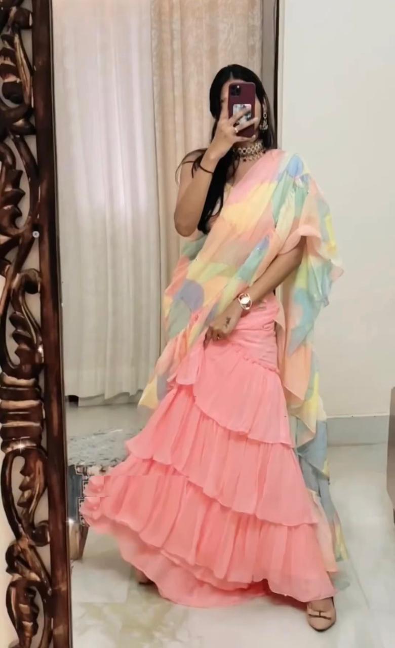 Ruffle Style Peach Color Digital Printed Lehenga Saree