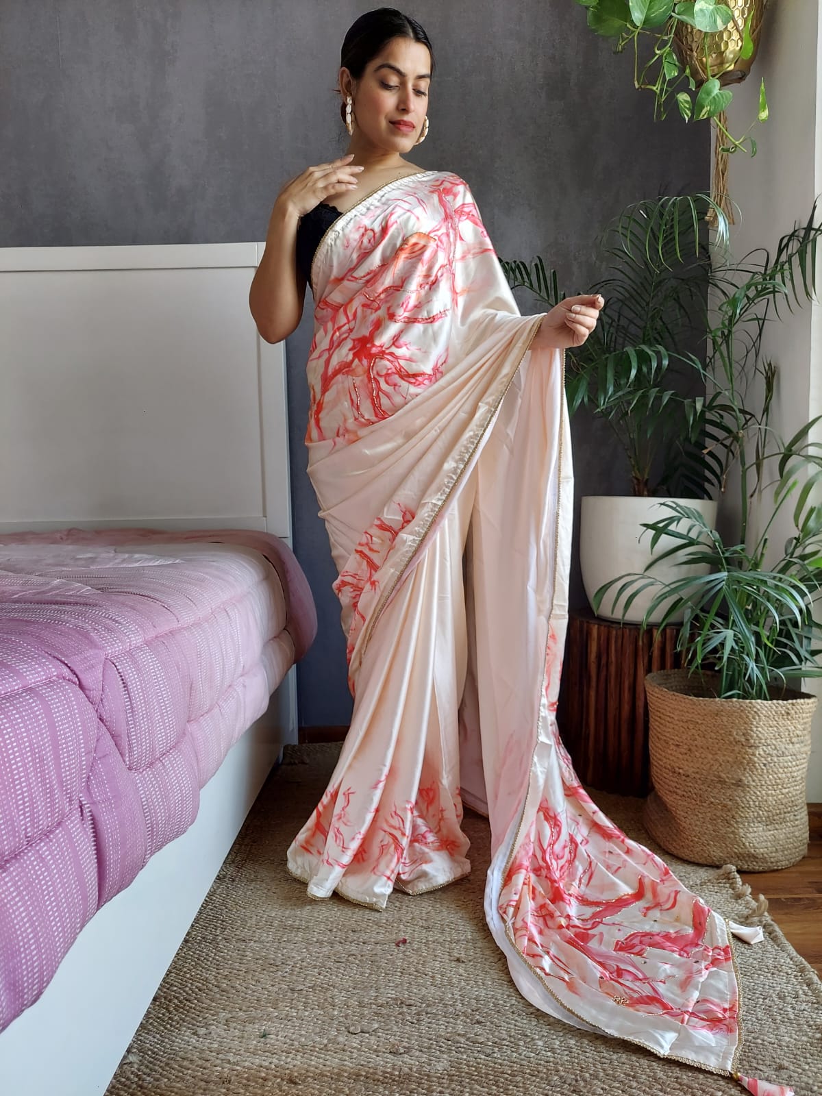 Digital Printed Hand Work Off-white Color Saree