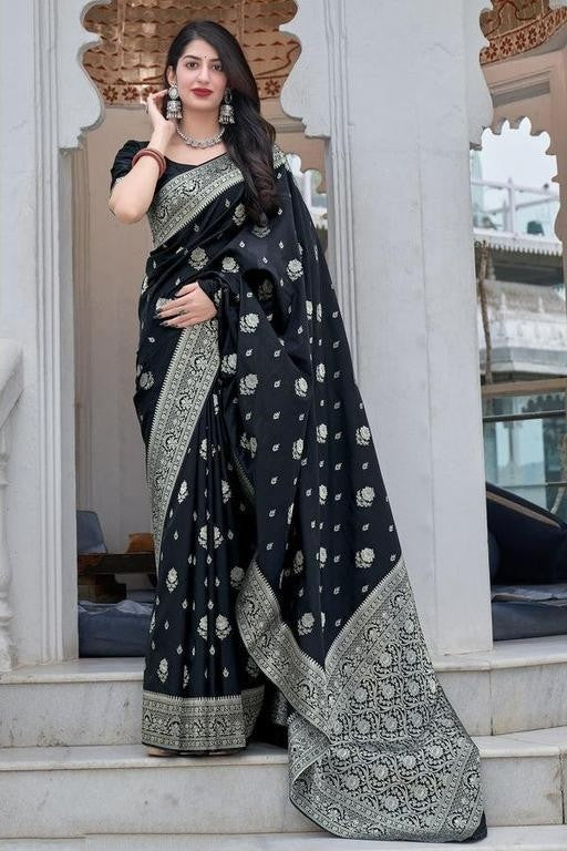 Black Color Silver Jari Design Soft Silk Saree