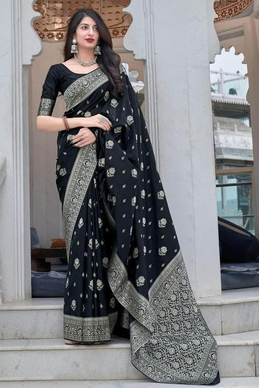 Black Color Silver Jari Design Soft Silk Saree