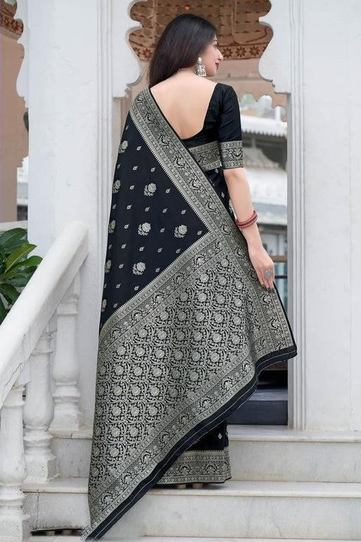 Black Color Silver Jari Design Soft Silk Saree