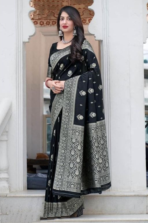 Black Color Silver Jari Design Soft Silk Saree