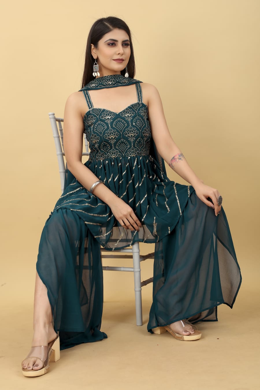 Teal Blue Color Party Wear Sharara Suit