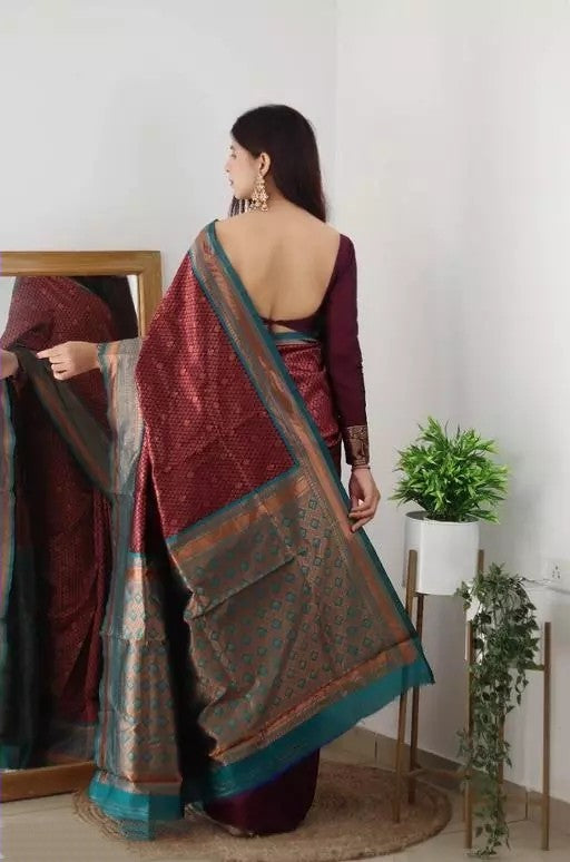 Maroon And Aqua Green Color Coper Jari Design Soft Silk Saree