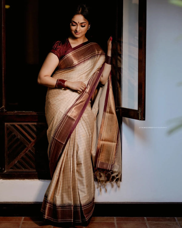 Stunning Cream Color Saree With Maroon Border