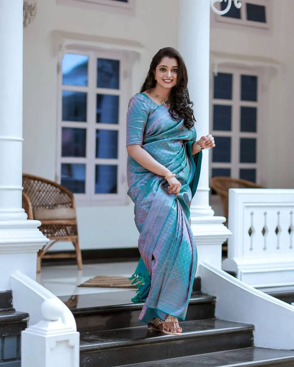 Mesmerizing Sky Blue Color With Pink Shine Saree