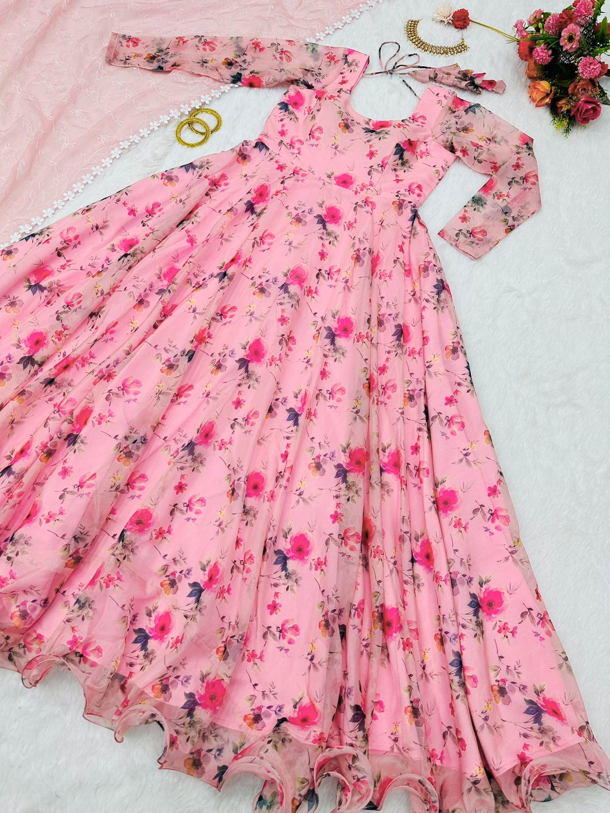 Admiring Light Pink Color Digital Print Organza Gown