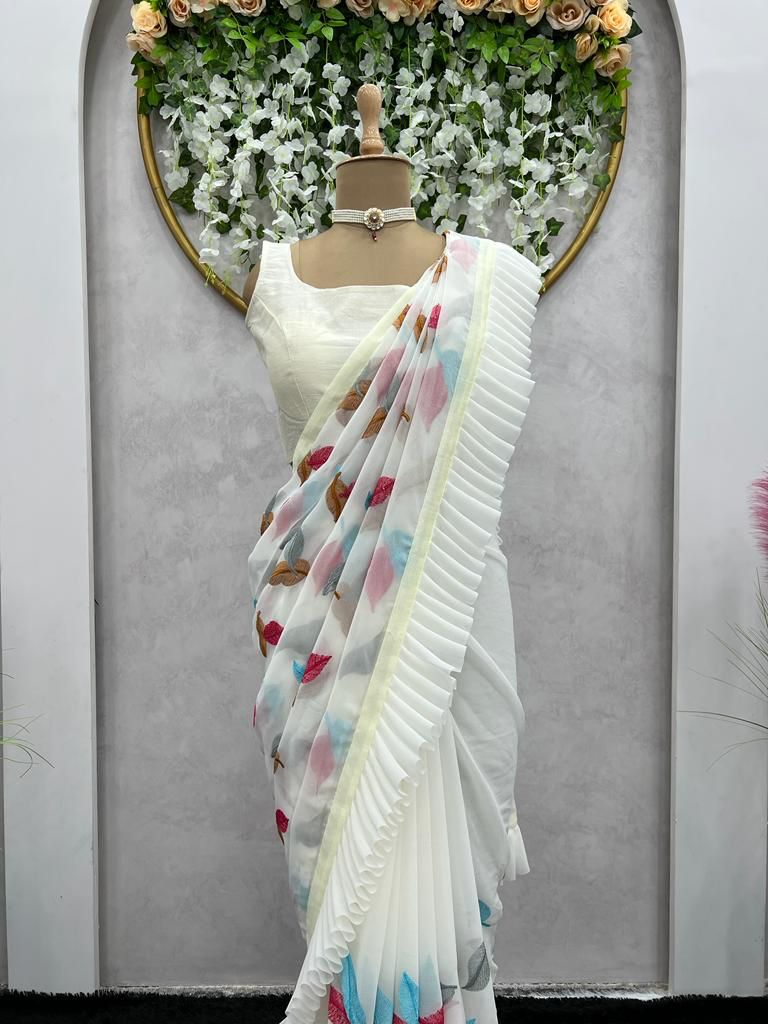 Fancy Ruffle Style White Color Printed Saree