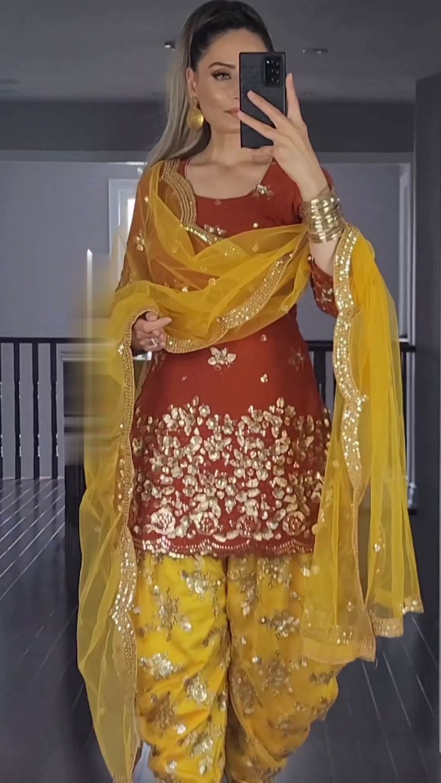 Attractive Yellow And Red Color Sequence Dhoti Suit