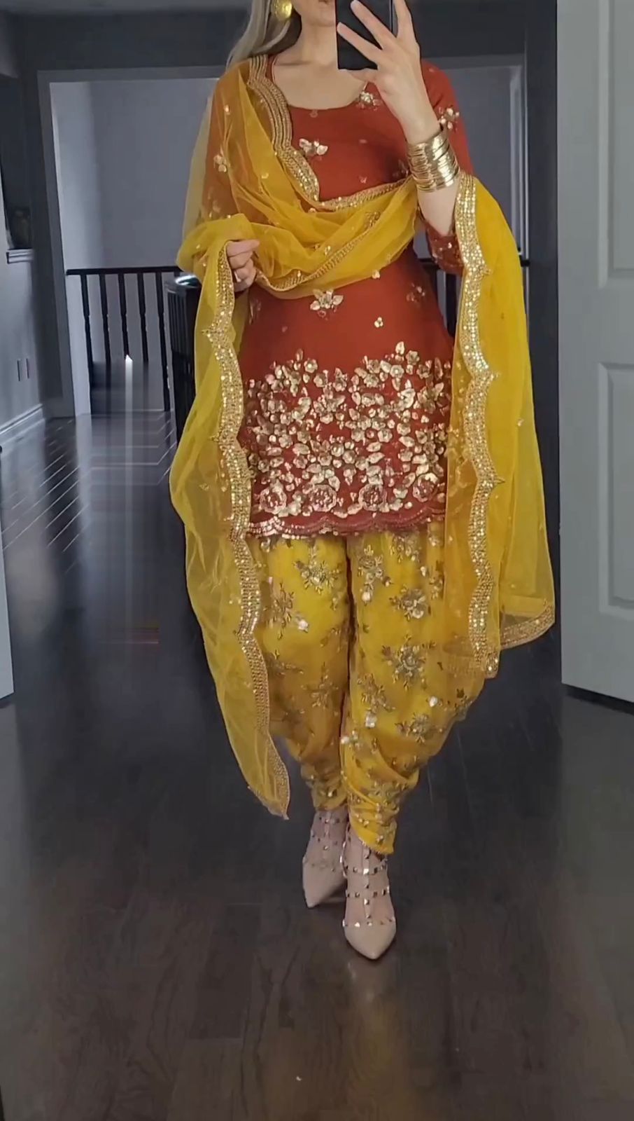 Attractive Yellow And Red Color Sequence Dhoti Suit