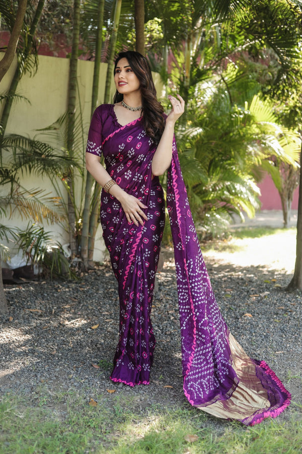 Tissue Pallu With Wine Color Original Bandhani Saree