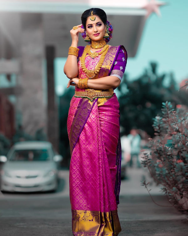 Beautiful Design All Over Pink Color Lichi Silk Saree