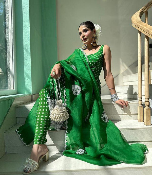 Bandhni Print Embroidery Work Green Color Salwar Suit