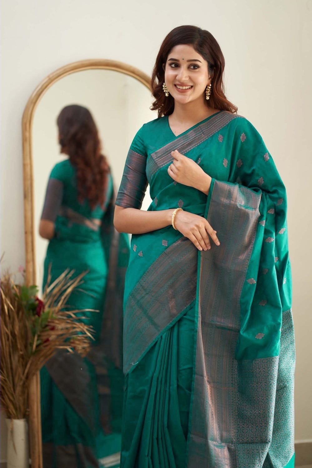 Bottle Green Color Coper Jari Design Saree