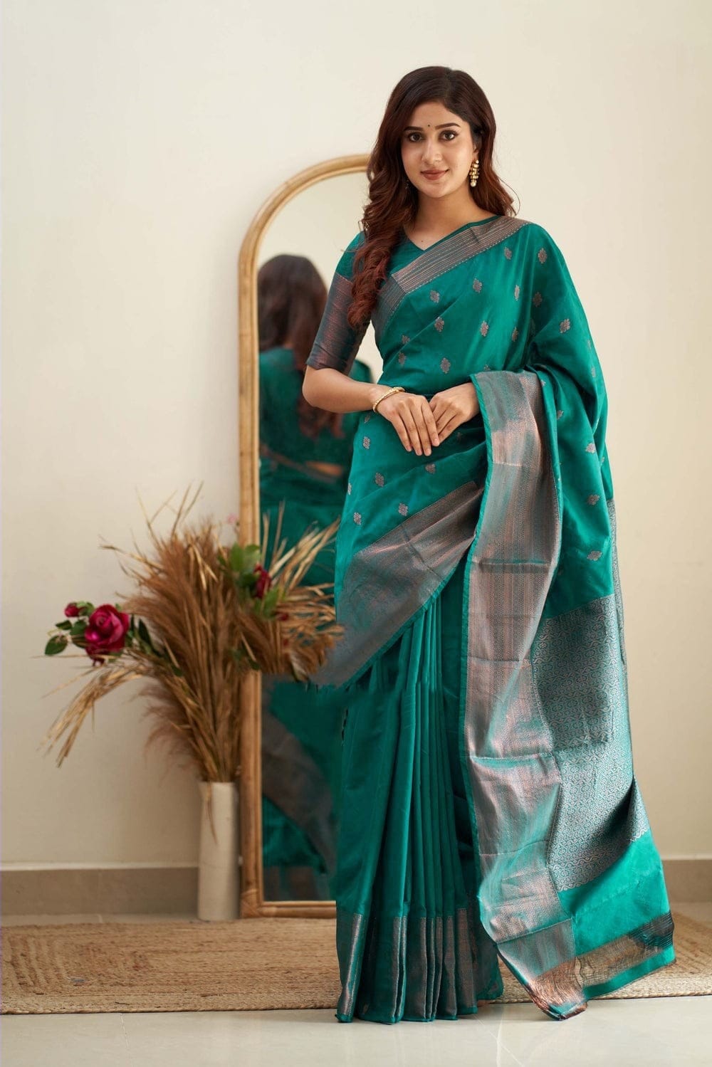 Bottle Green Color Coper Jari Design Saree