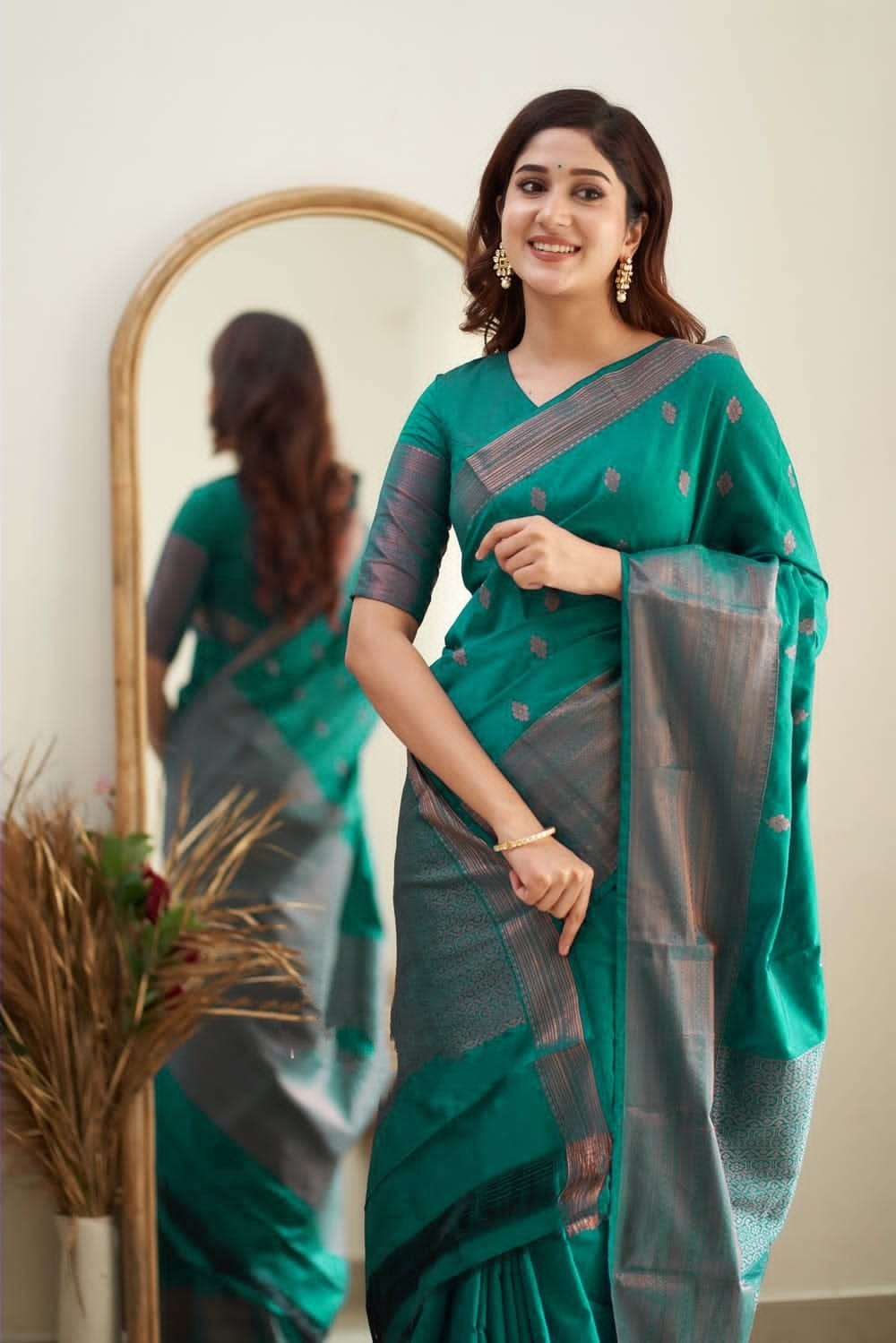 Bottle Green Color Coper Jari Design Saree