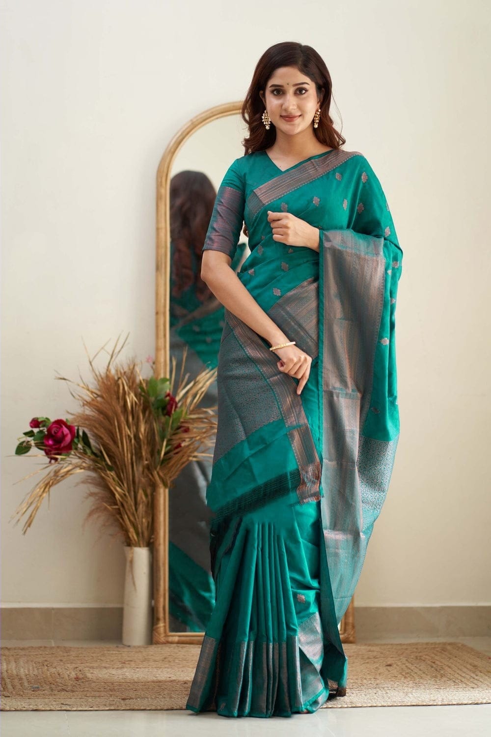 Bottle Green Color Coper Jari Design Saree