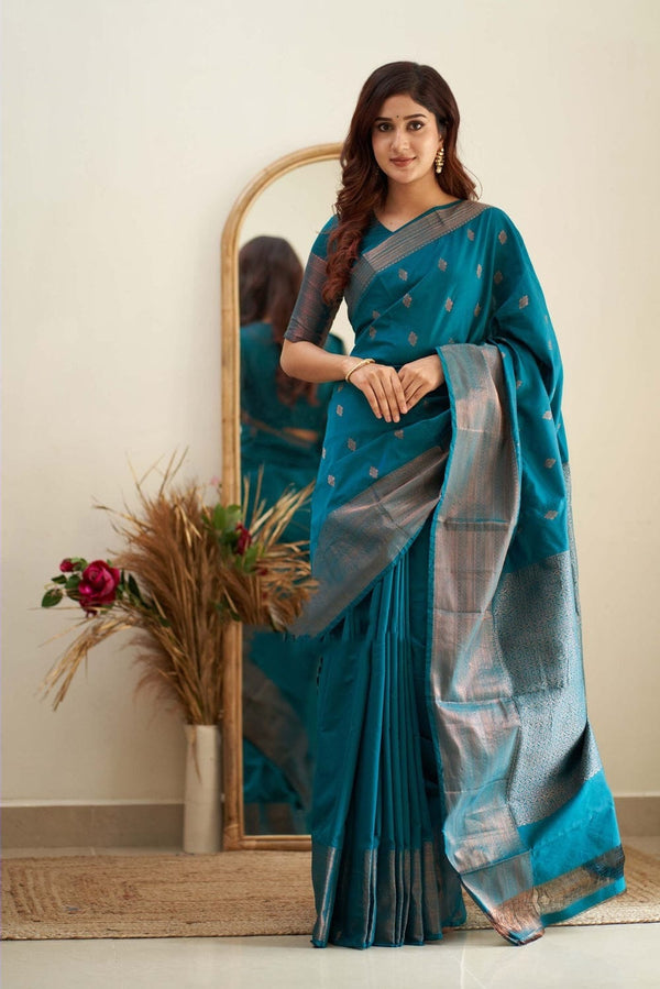 Presenting Teal Blue Color Coper Jari Saree