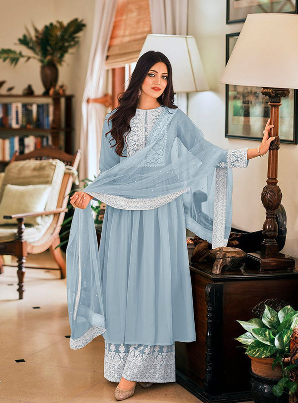 Attractive Sky Blue Color Anarkali Top With Palazzo