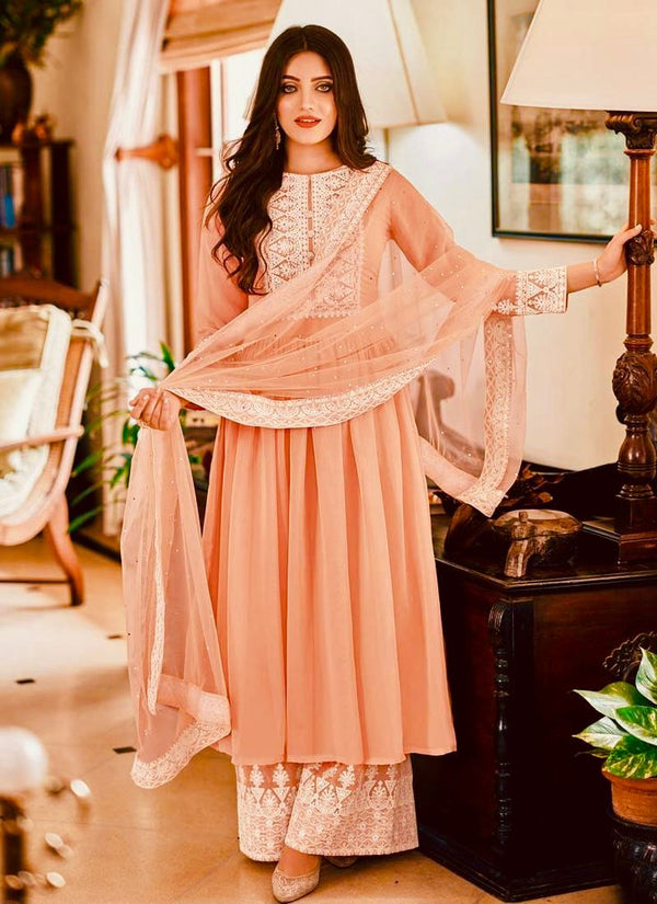 Attractive Peach Color Anarkali Top With Palazzo