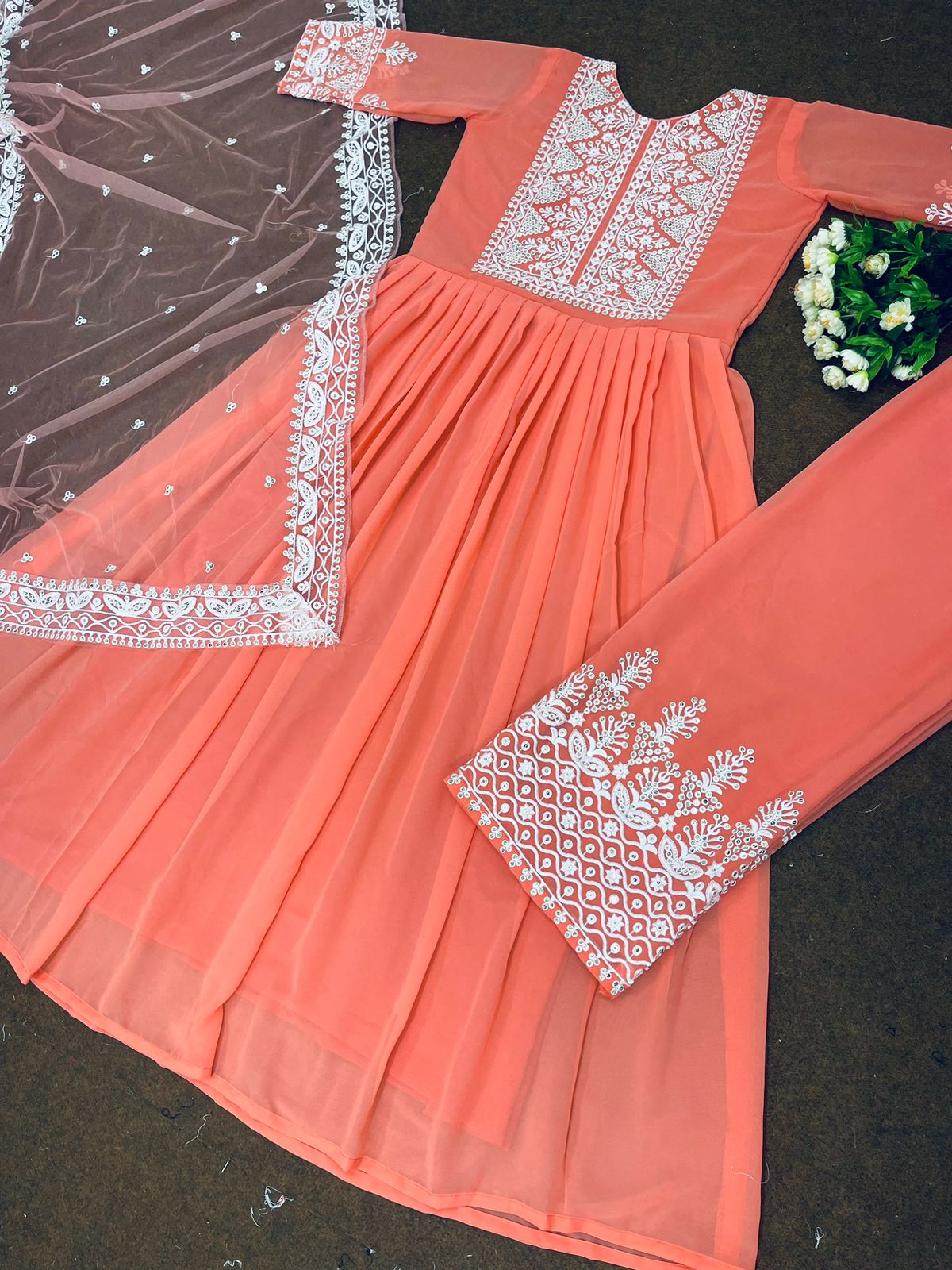 Attractive Peach Color Anarkali Top With Palazzo