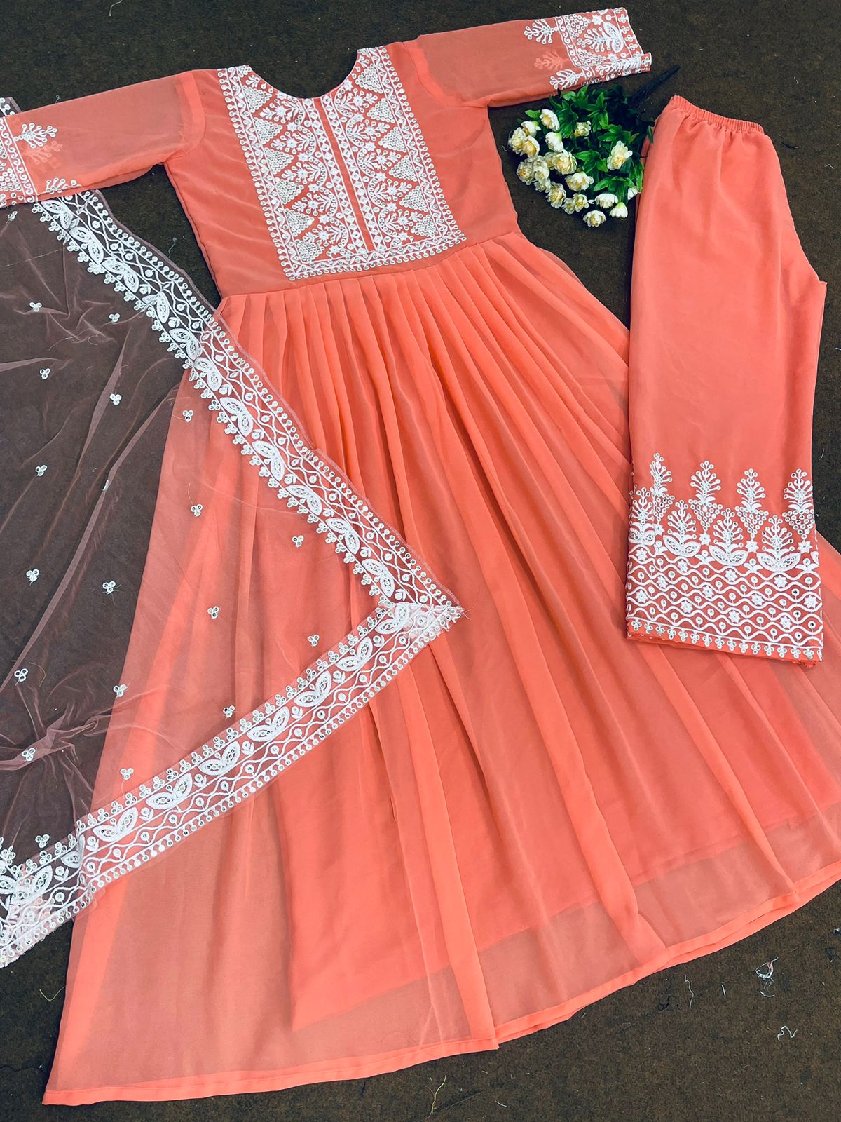 Attractive Peach Color Anarkali Top With Palazzo