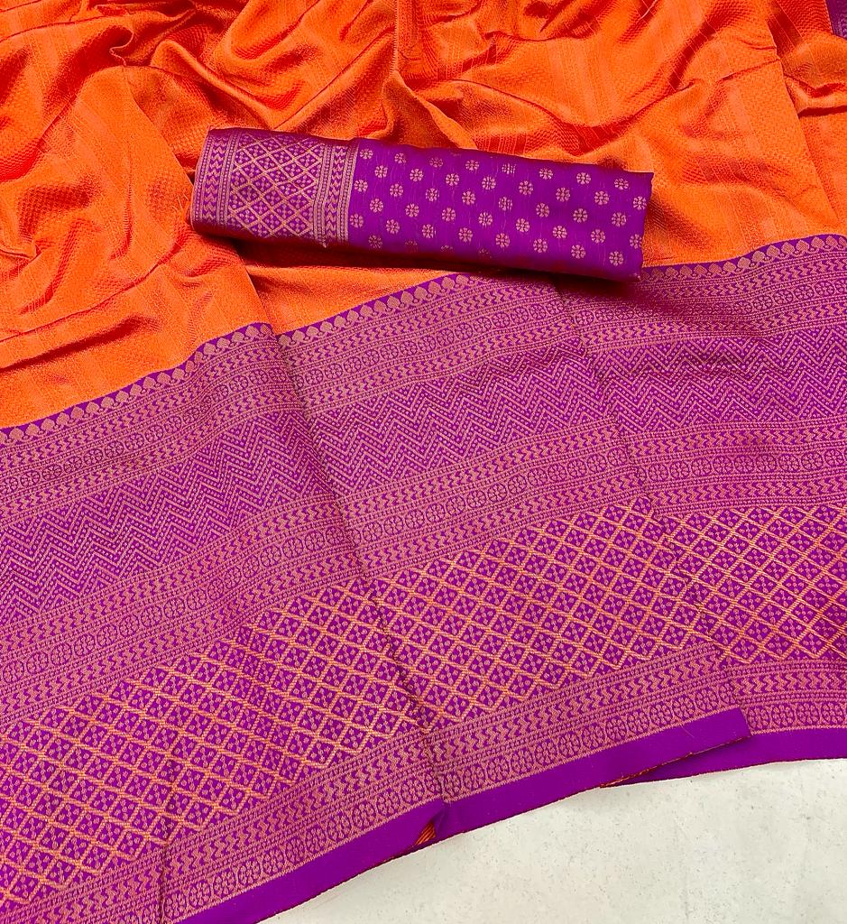 Orange With Pink Color Coper Jari Design Saree