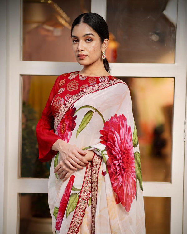 Elegant White Color Floral Print With Work Border Saree
