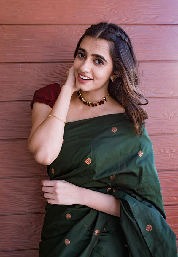 Coper Jari Design Dark Green Color Soft Silk Saree