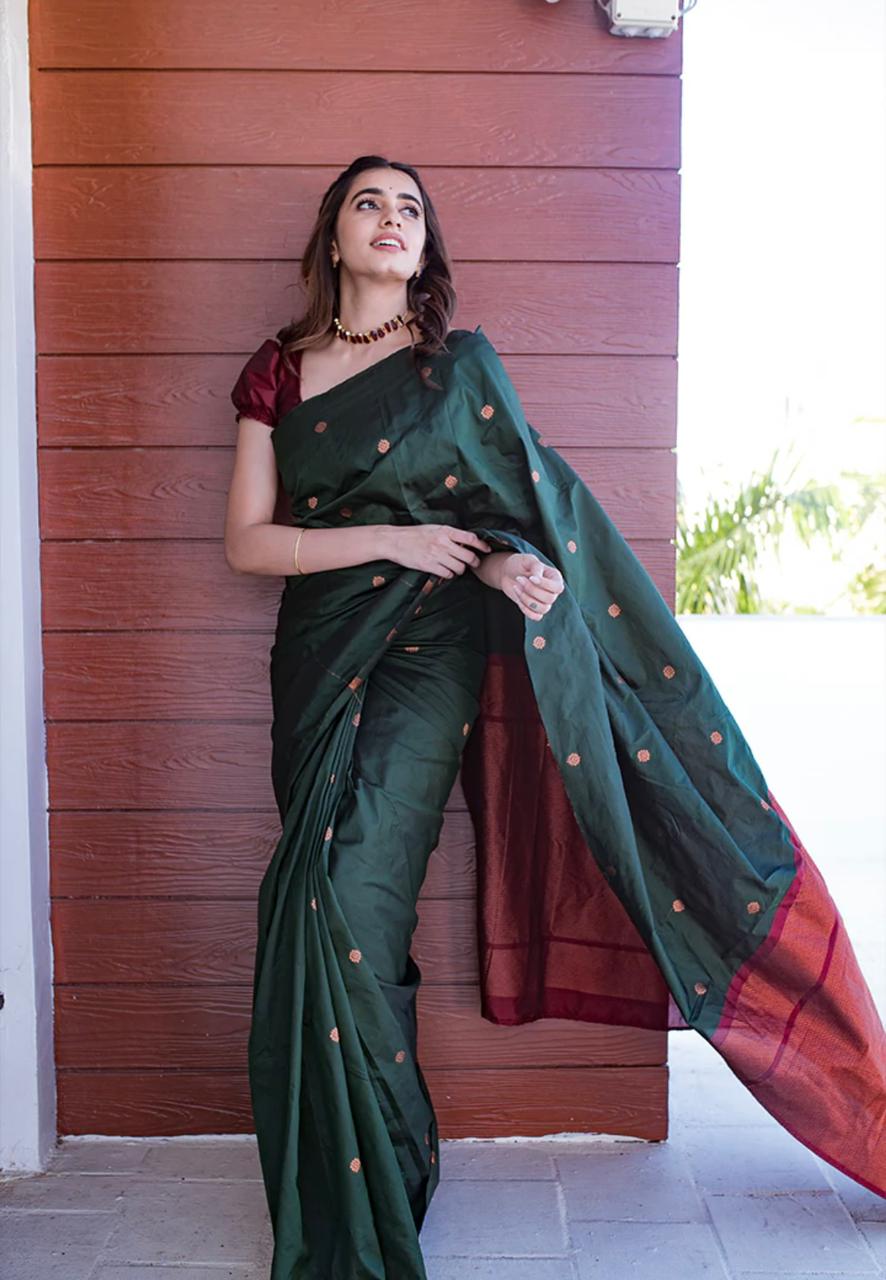Coper Jari Design Dark Green Color Soft Silk Saree