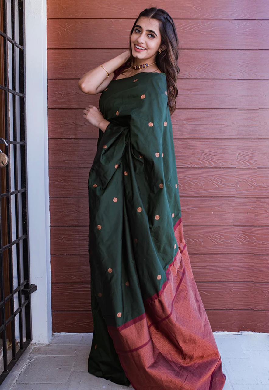Coper Jari Design Dark Green Color Soft Silk Saree