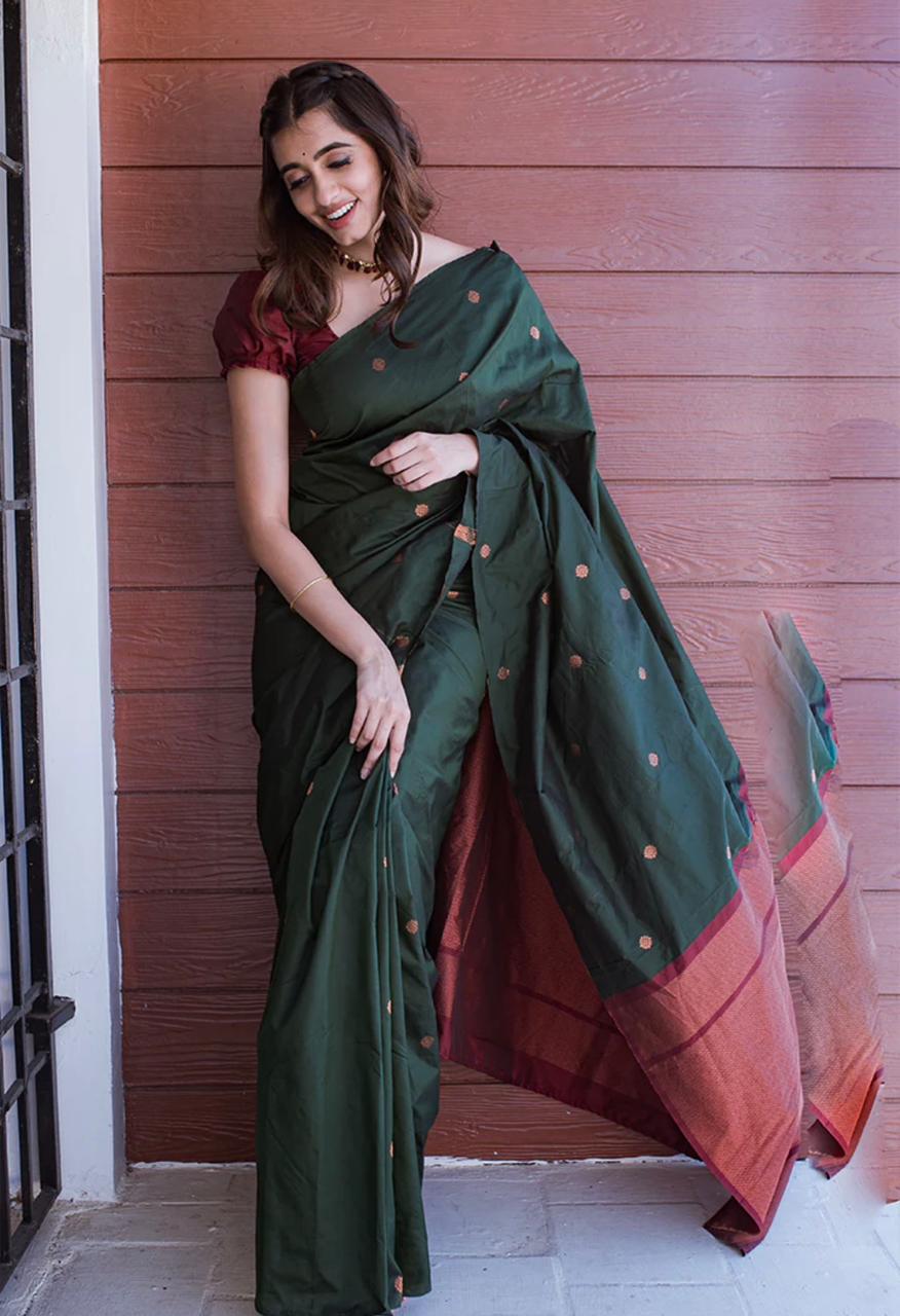 Coper Jari Design Dark Green Color Soft Silk Saree