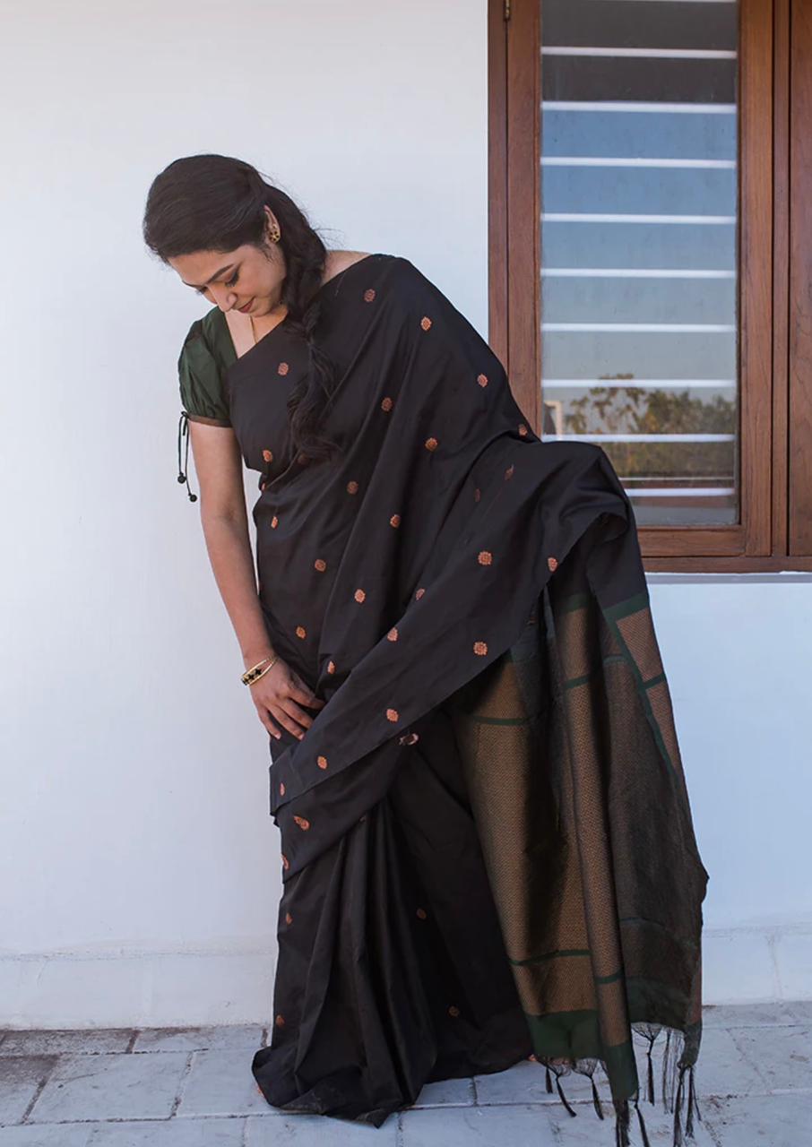 Black Color Coper Design Soft Silk Saree