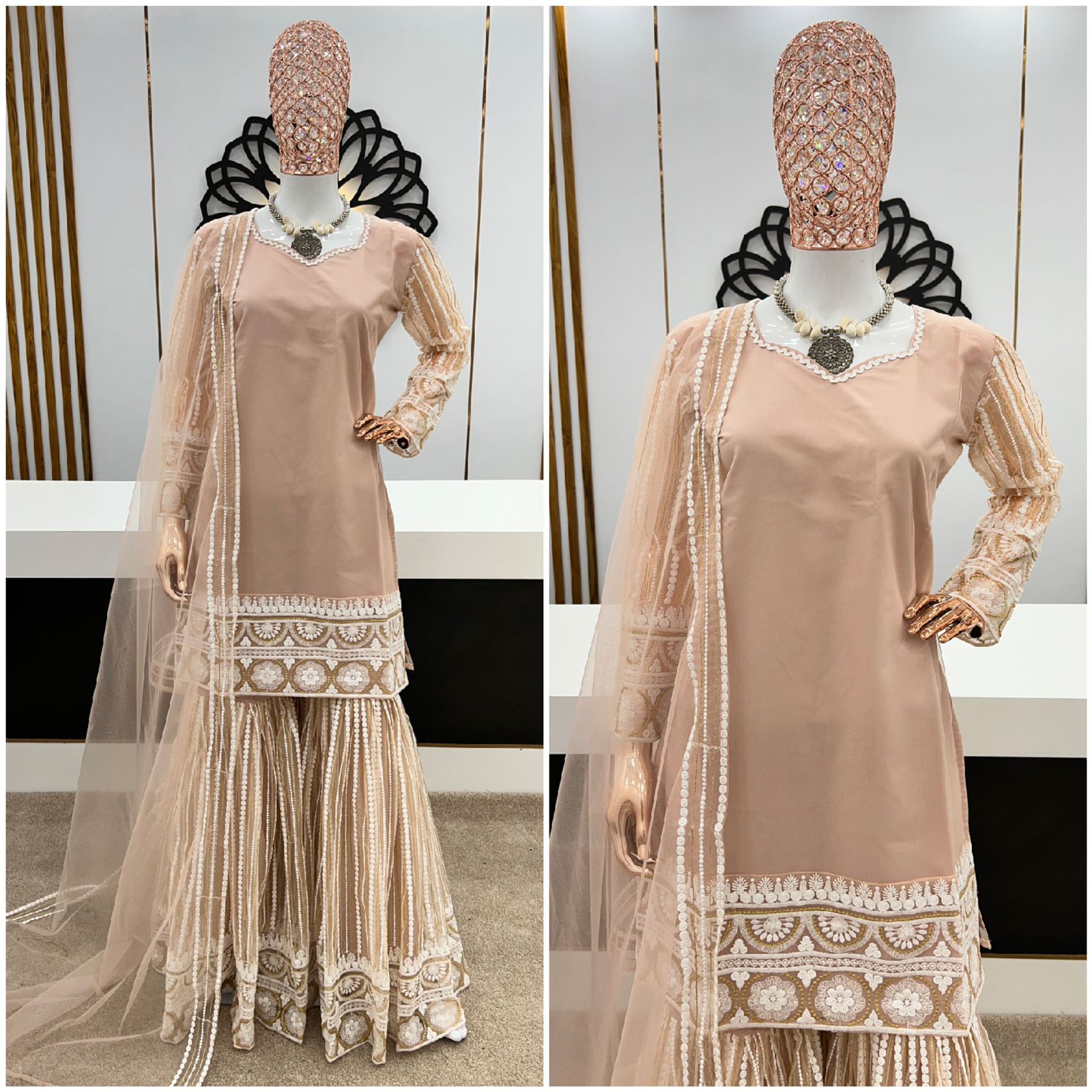 Captivating Beige Color Lakhnavi Cotton Sharara Suit